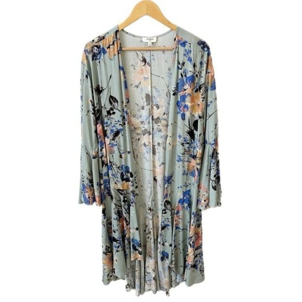 Umgee Mint Sage Floral Bell Sleeve Kimono Open Front Boho Size S